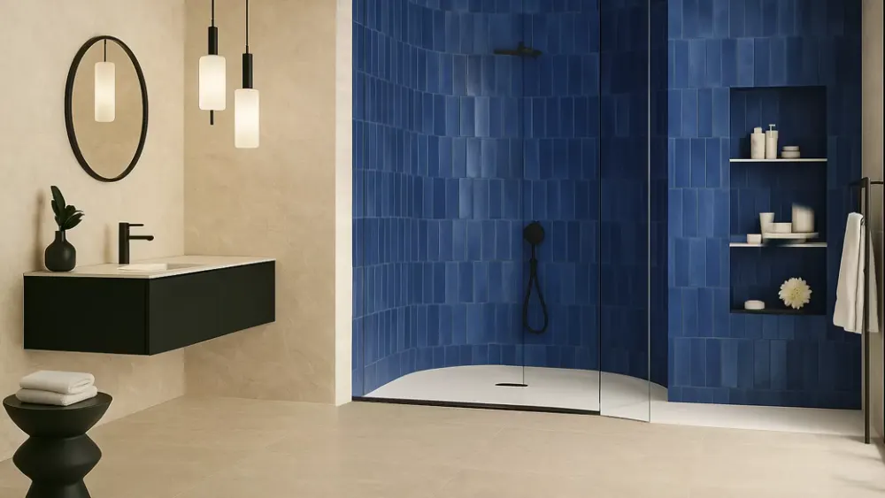 Blue glazed wall tiles in a walk-in shower
