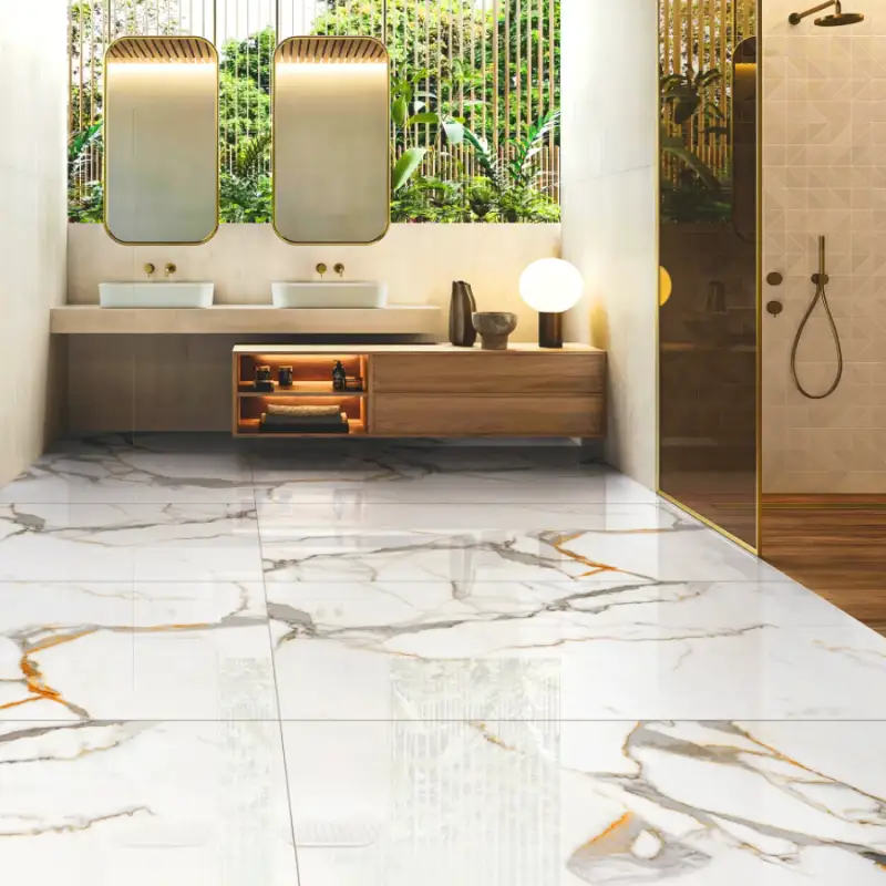 Marble-look vitrified floor in a bathroom with twin vanity