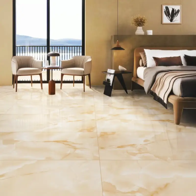 Glossy onyx-look floor tiles in a bedroom