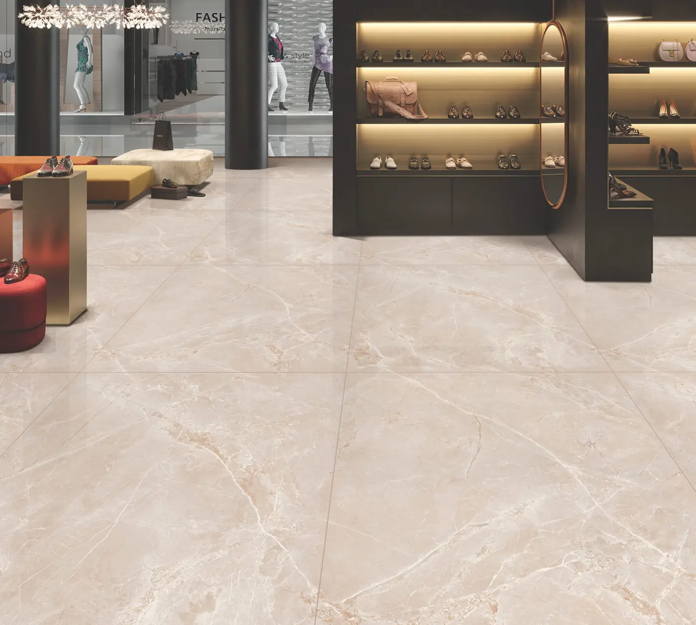 Warm Beige Marble Look Boutique with large glossy marble-look tiles