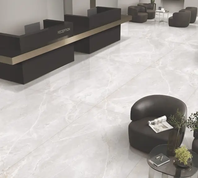 White Marble Look Reception lounge with large glossy tiles