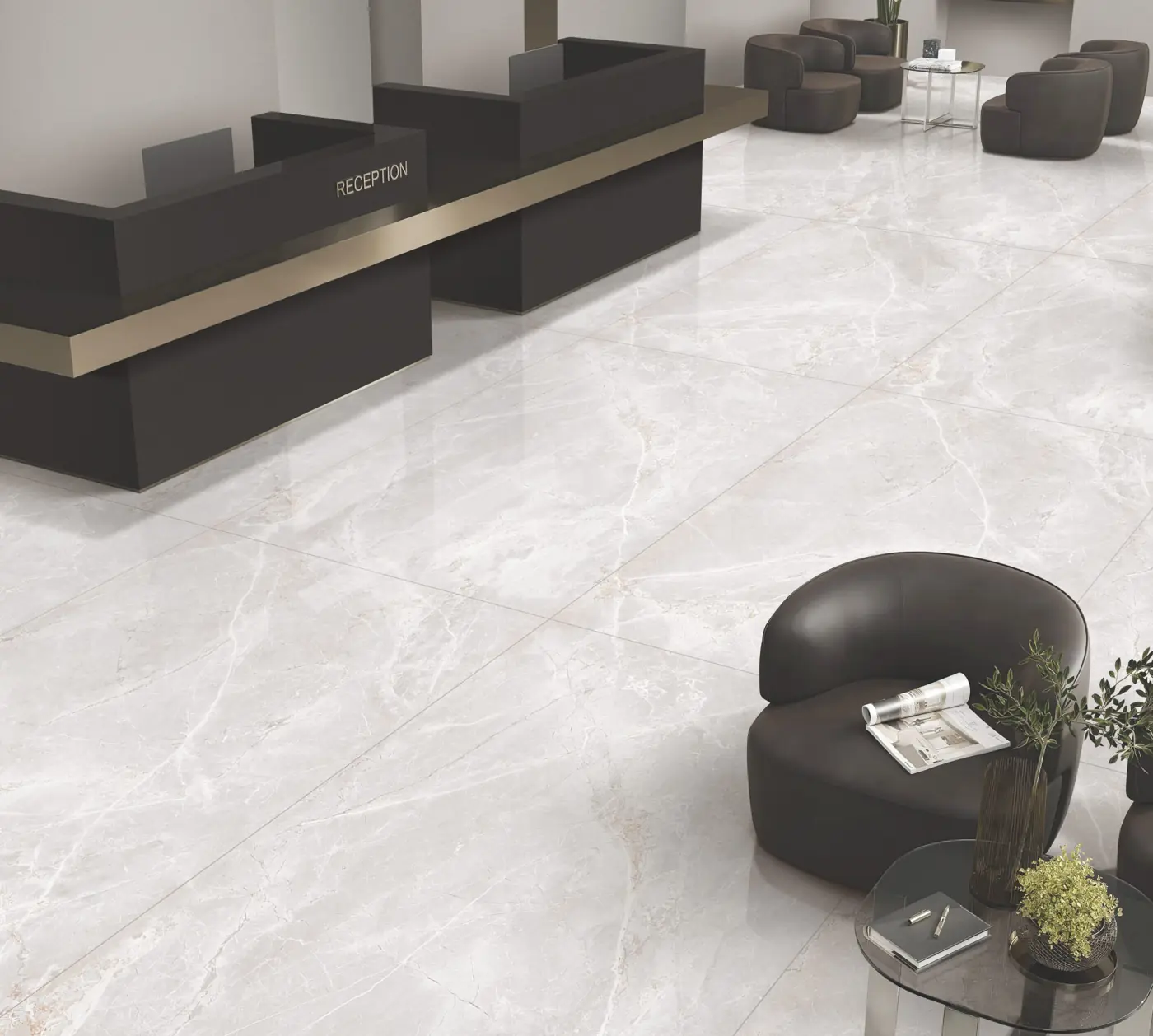 White Marble Look Reception lounge with large glossy marble-look tiles