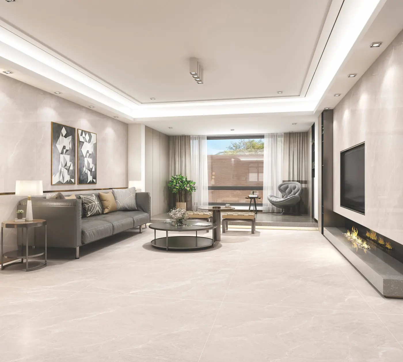 Warm Beige Marble Look Living room with large glossy marble-look tiles