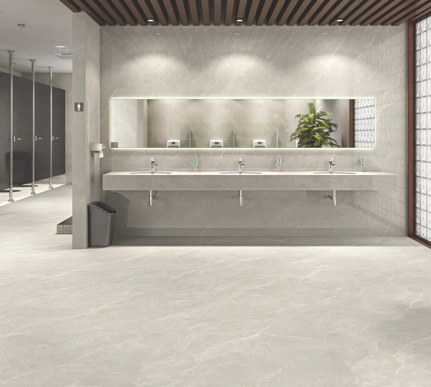 Soft Grey Marble Look Washroom with large glossy marble-look tiles