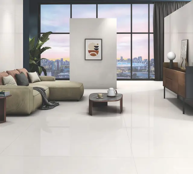 Warm Beige Marble Look Living room with large glossy tiles