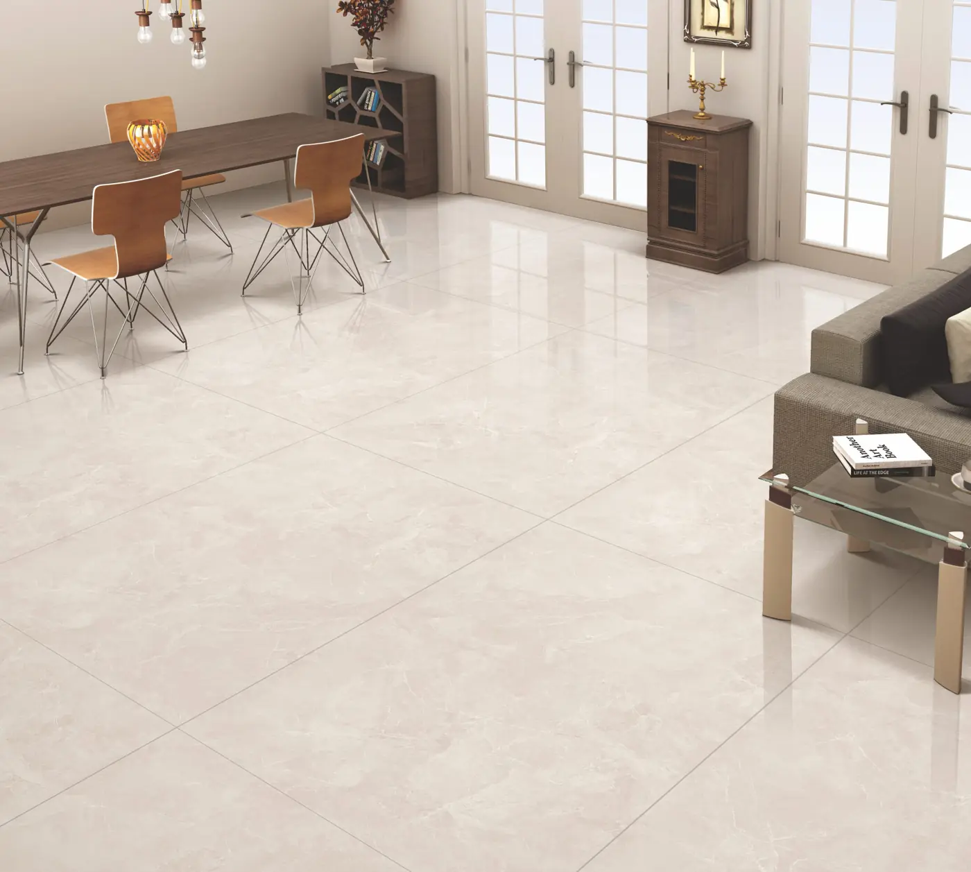 Warm Beige Marble Look Living and dining with large glossy marble-look tiles
