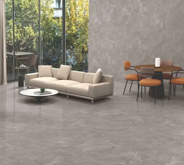 Soft Grey Marble Look Living room with large glossy tiles