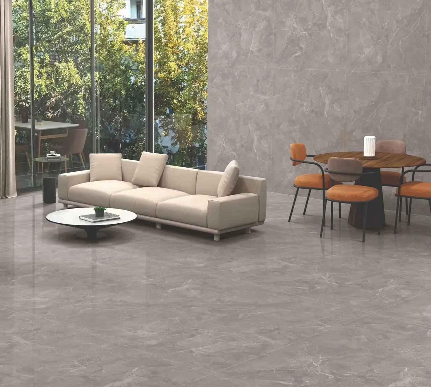 Soft Grey Marble Look Living room with large glossy marble-look tiles