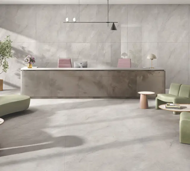 Soft Grey Marble Look Office reception with large glossy tiles