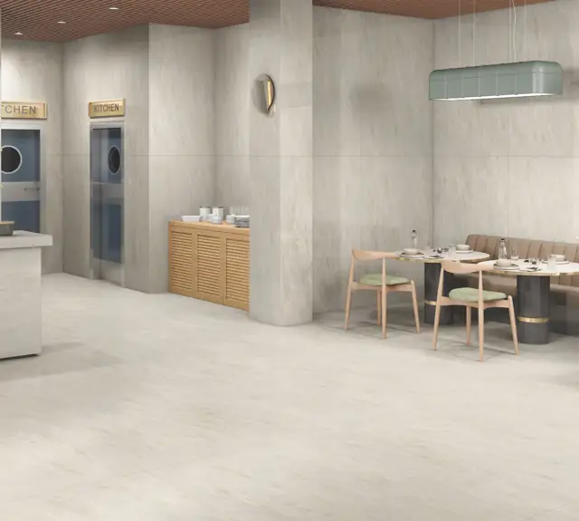 Warm Beige Marble Look Kitchen and dining with large glossy tiles