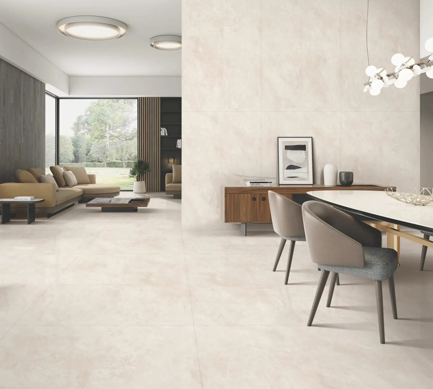 White Marble Look Living and dining with large glossy marble-look tiles