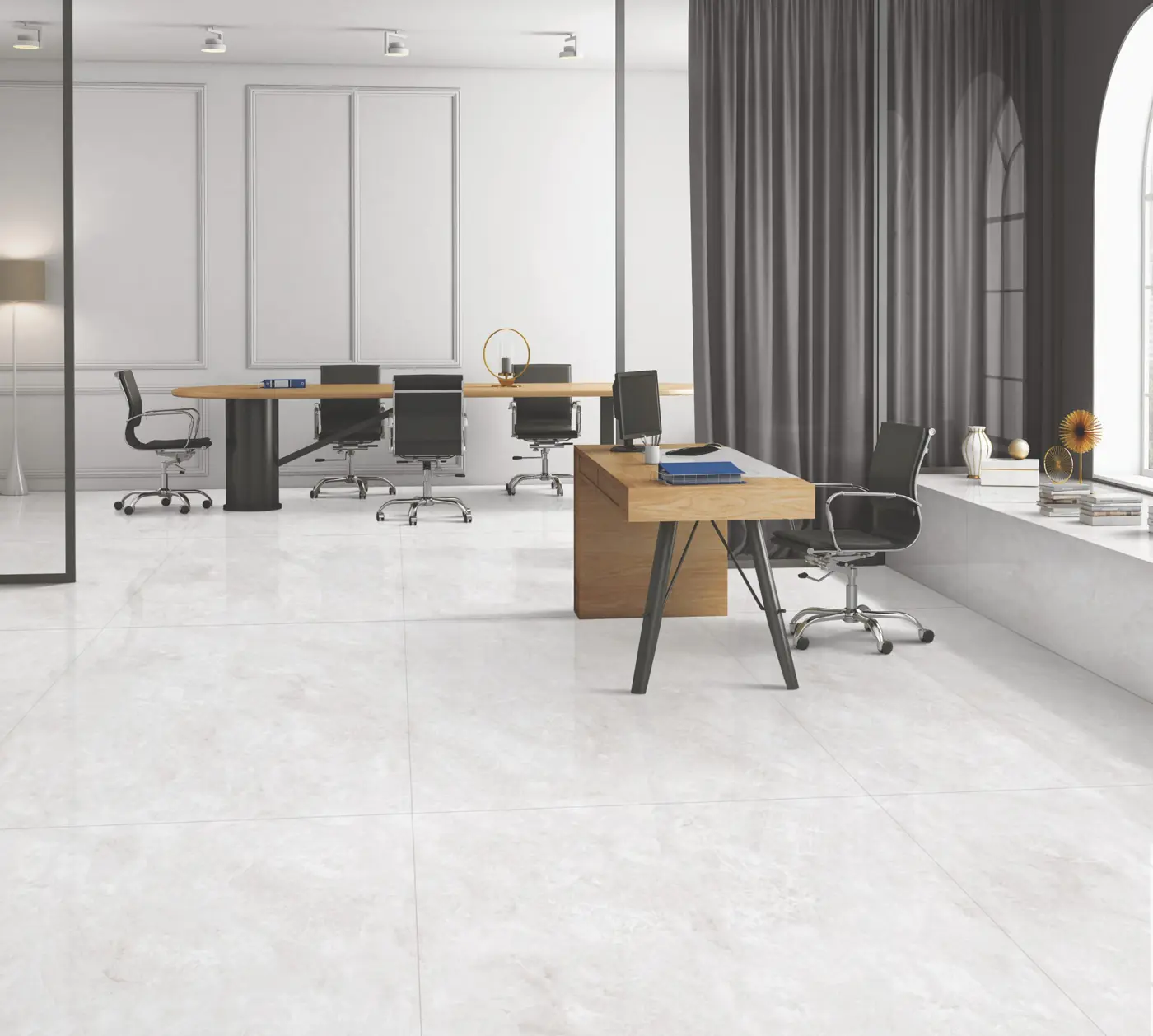 White Marble Look Office cabin with large glossy marble-look tiles