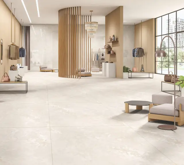 Warm Beige Marble Look Boutique with large glossy tiles