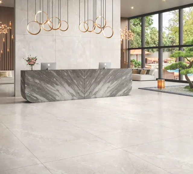 White Marble Look Hotel reception with large glossy tiles