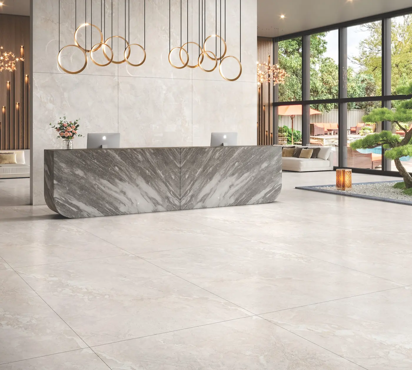 White Marble Look Hotel reception with large glossy marble-look tiles