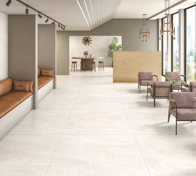 White Marble Look Lounge with large glossy tiles