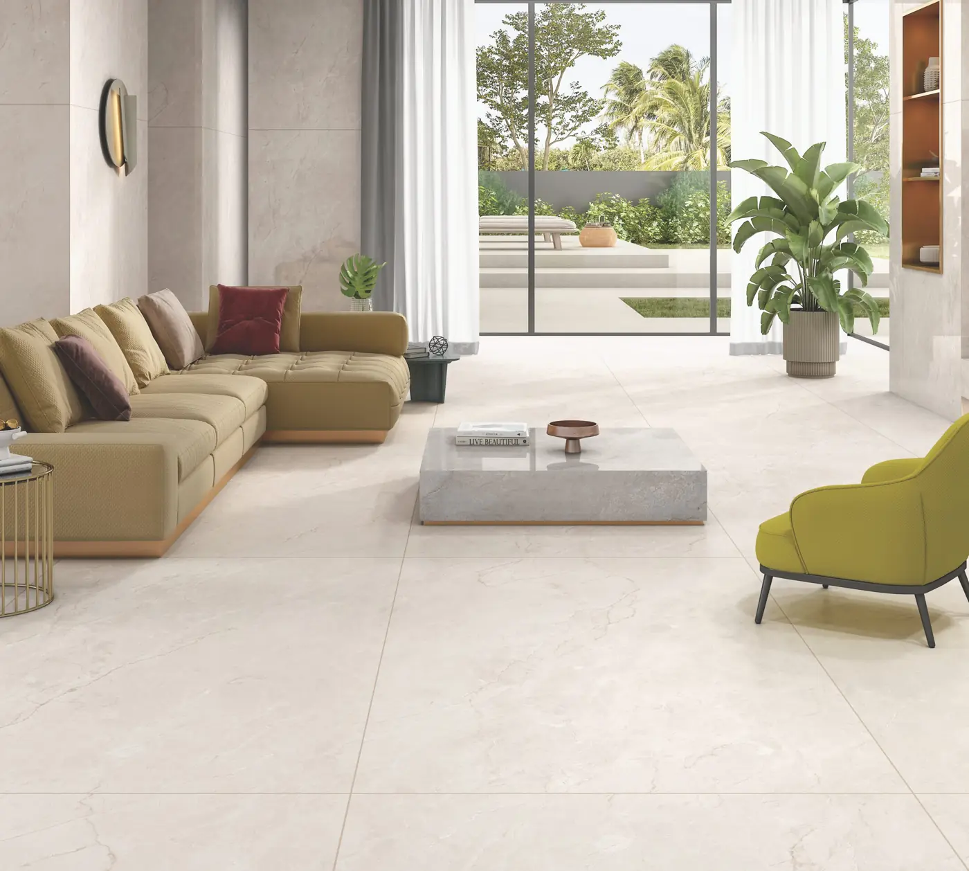 White Marble Look Living room with large glossy marble-look tiles