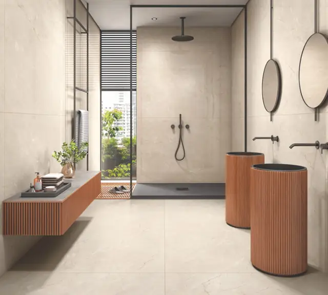 Warm Beige Marble Look Bathroom with large glossy tiles