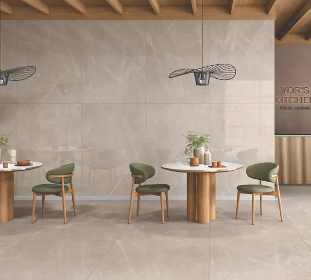 Warm Beige Marble Look Café with large glossy tiles