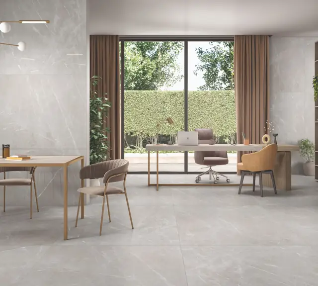 Soft Grey Marble Look Home office with large glossy tiles
