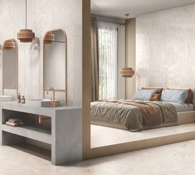 Warm Beige Marble Look Bedroom with vanity with large glossy tiles