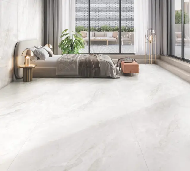White Marble Look Bedroom with large glossy tiles