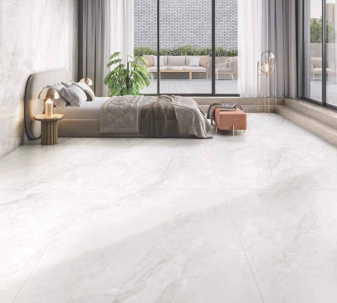 White Marble Look Bedroom with large glossy marble-look tiles