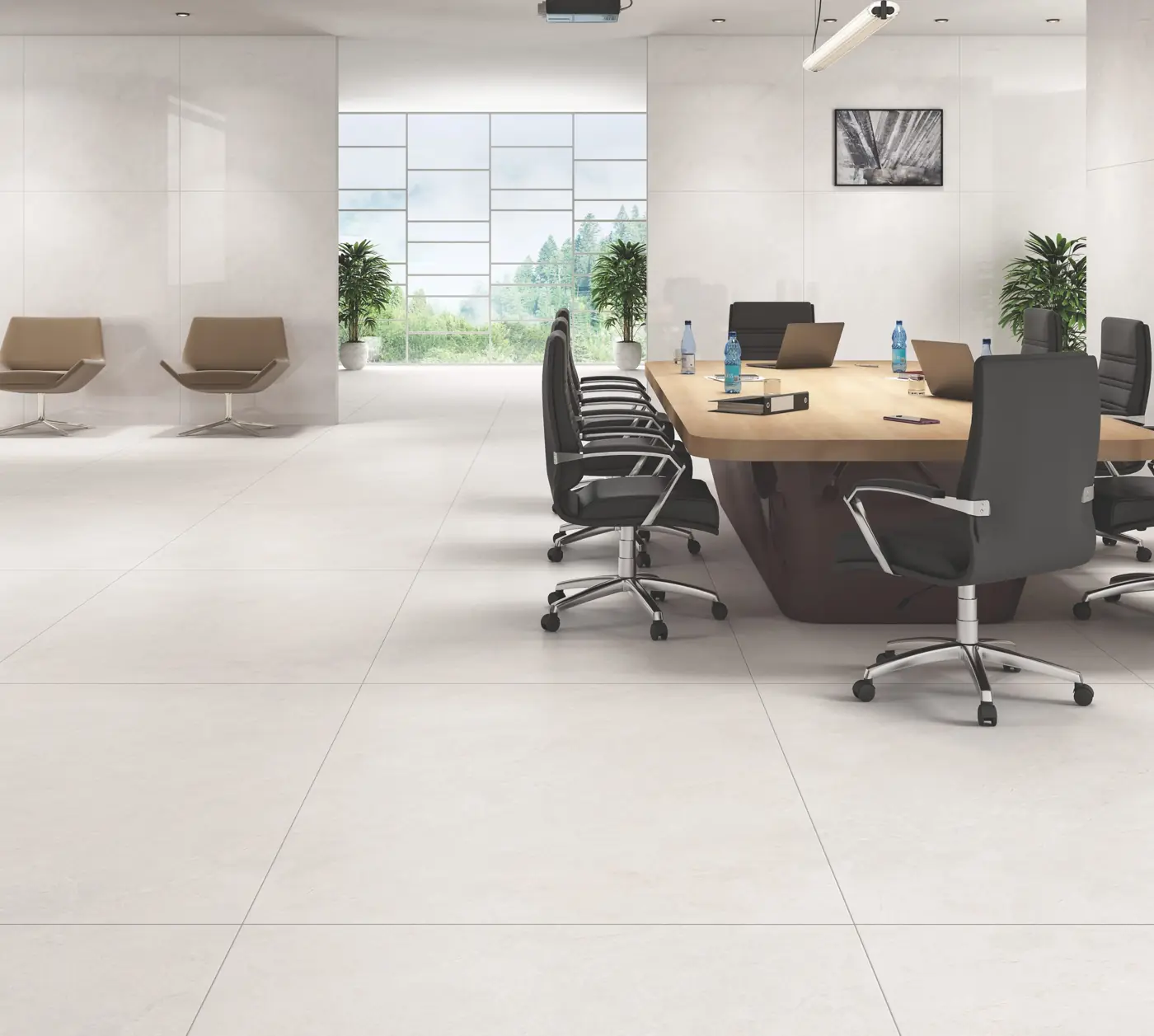 Soft Grey Marble Look Conference room with large glossy marble-look tiles