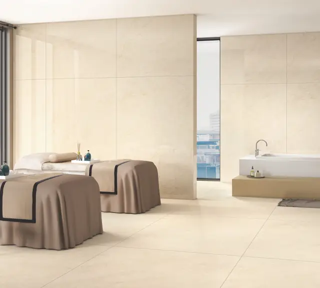 Warm Beige Marble Look Spa with large glossy tiles