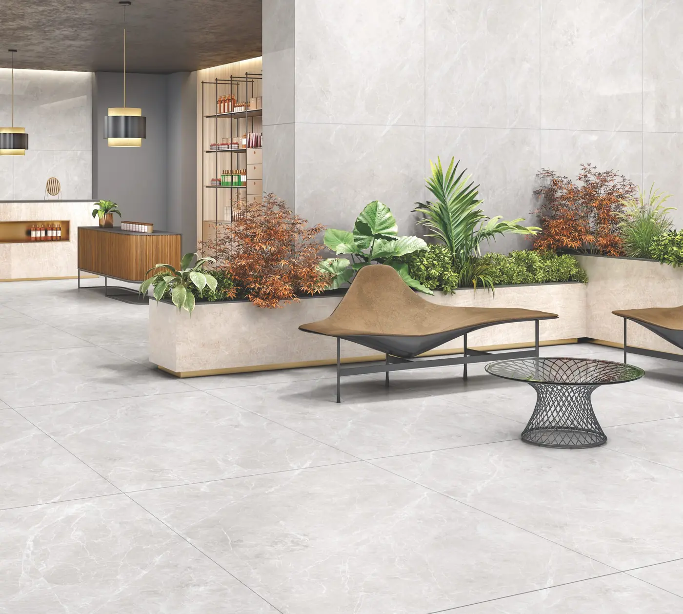 White Marble Look Lobby with large glossy marble-look tiles