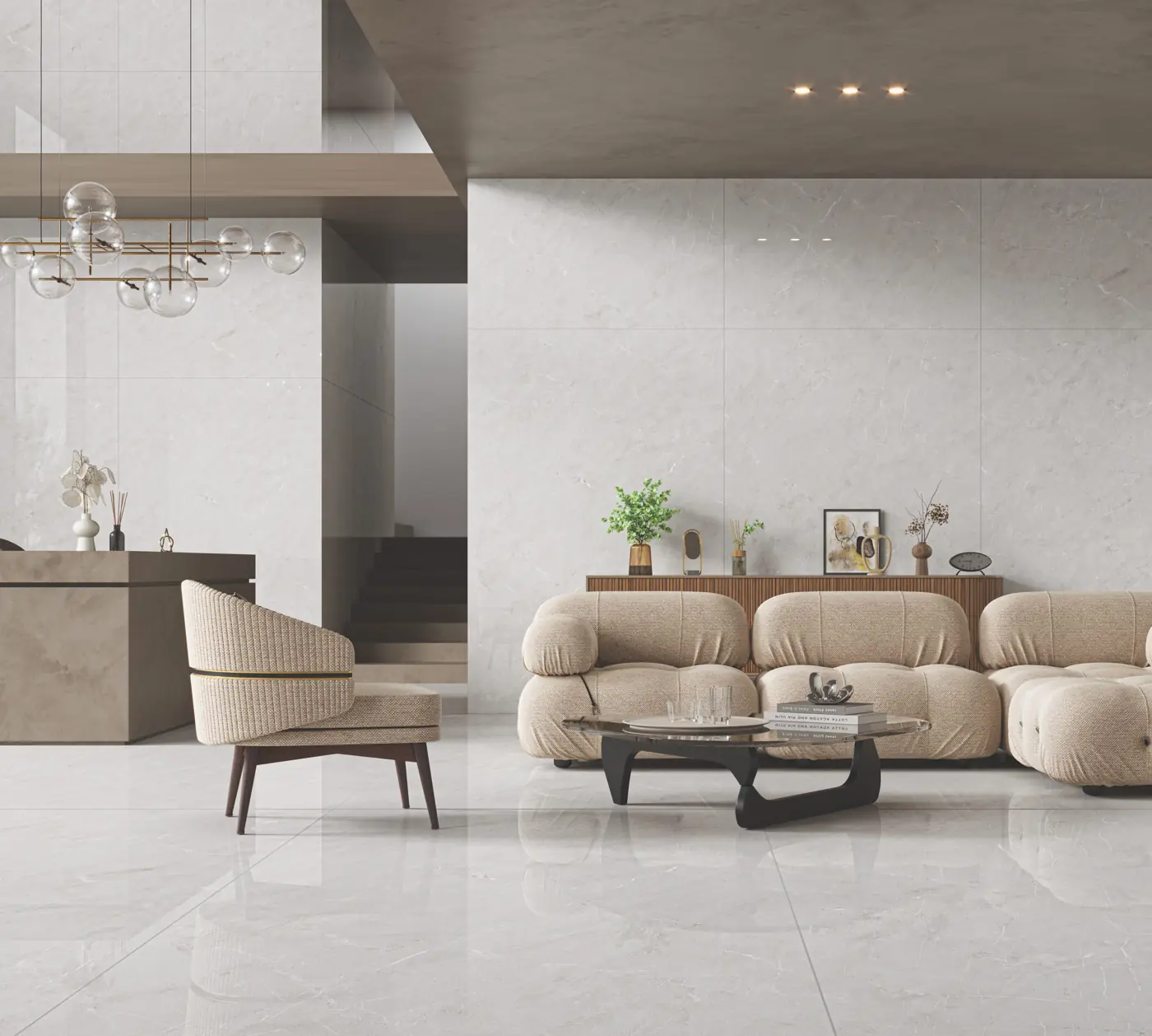 Warm Beige Marble Look Living room with large glossy marble-look tiles