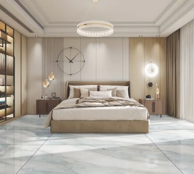 White Marble Look Bedroom with large glossy tiles