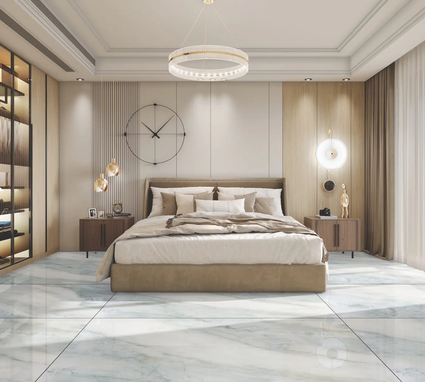 White Marble Look Bedroom with large glossy marble-look tiles