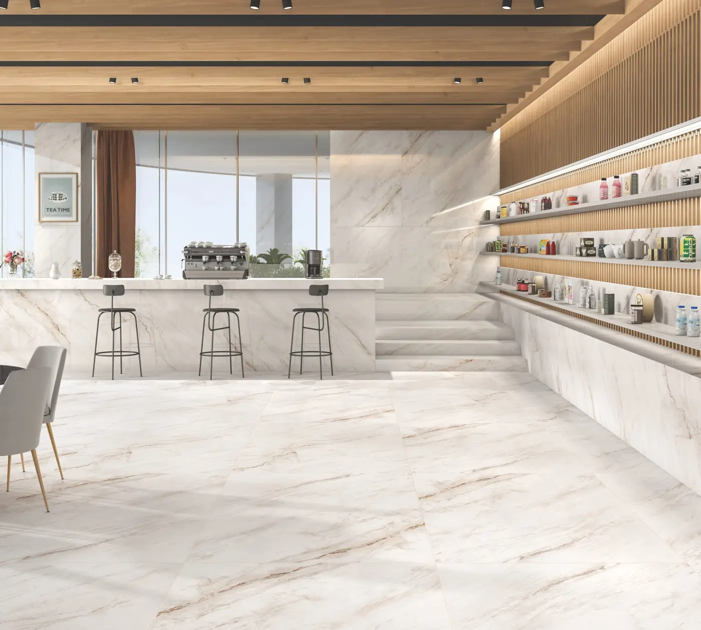 White Marble Look Café counter with large glossy marble-look tiles