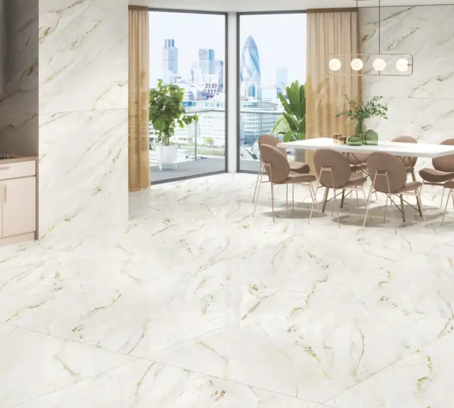 White Marble Look Dining room with large glossy tiles