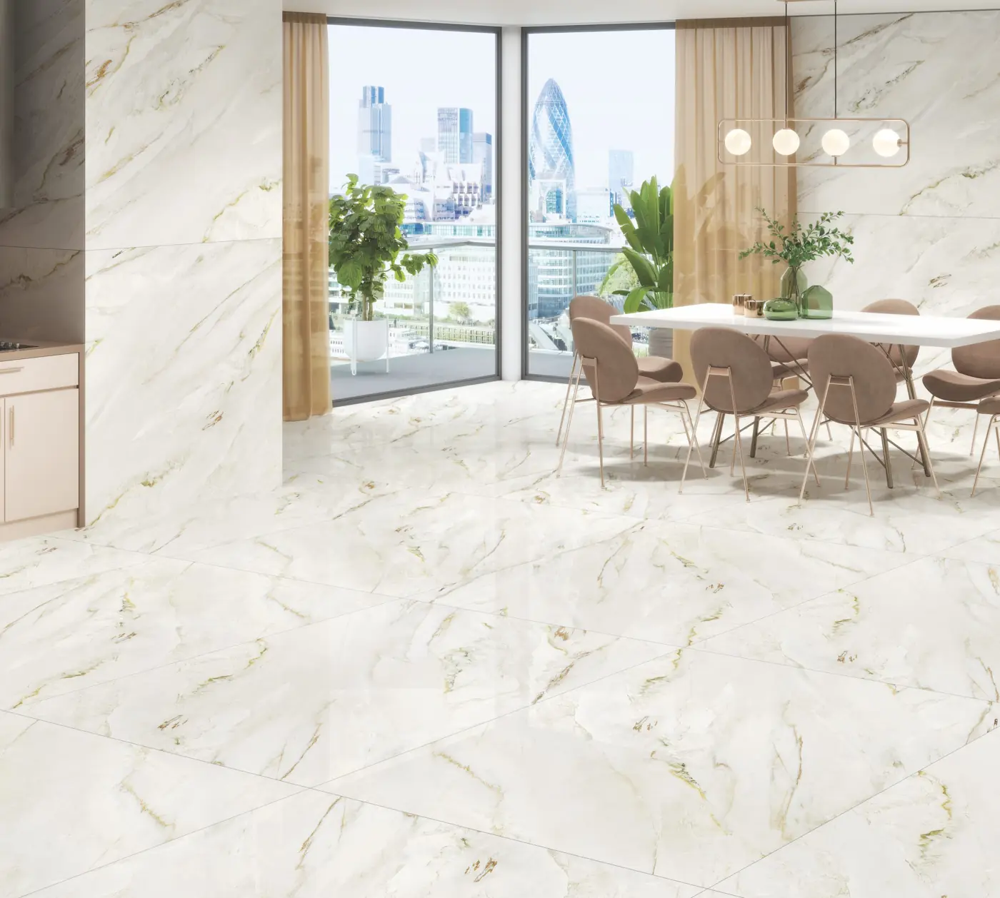 White Marble Look Dining room with large glossy marble-look tiles