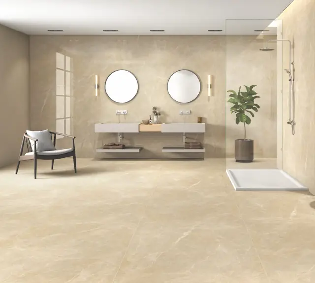 Soft Grey Marble Look Bathroom with large glossy tiles