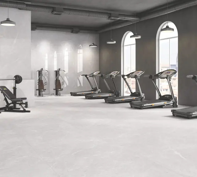 Soft Grey Marble Look Gym with large glossy tiles