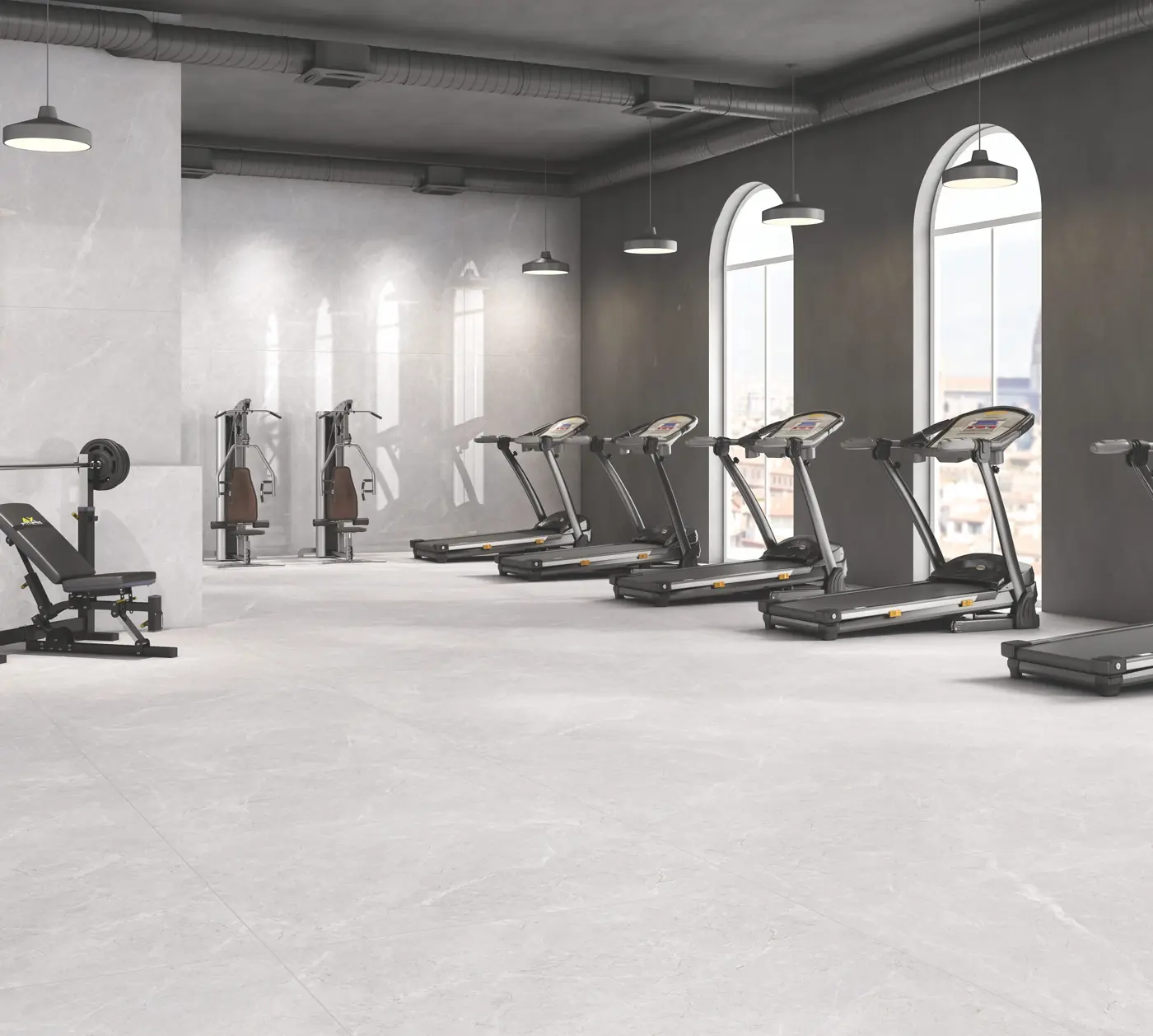 Soft Grey Marble Look Gym with large glossy marble-look tiles