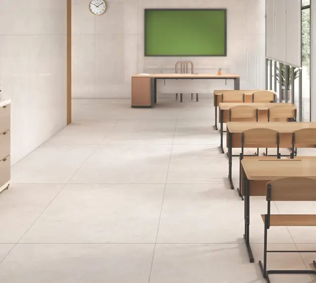 Warm Beige Marble Look Classroom with large glossy tiles
