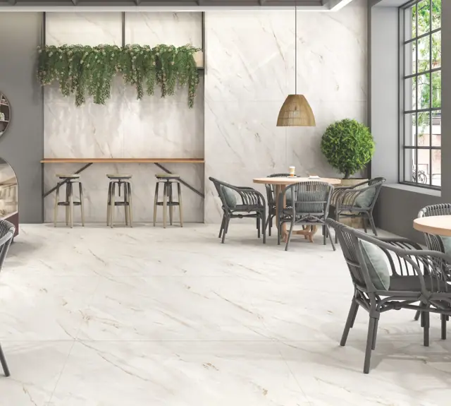 White Marble Look Café with large glossy tiles