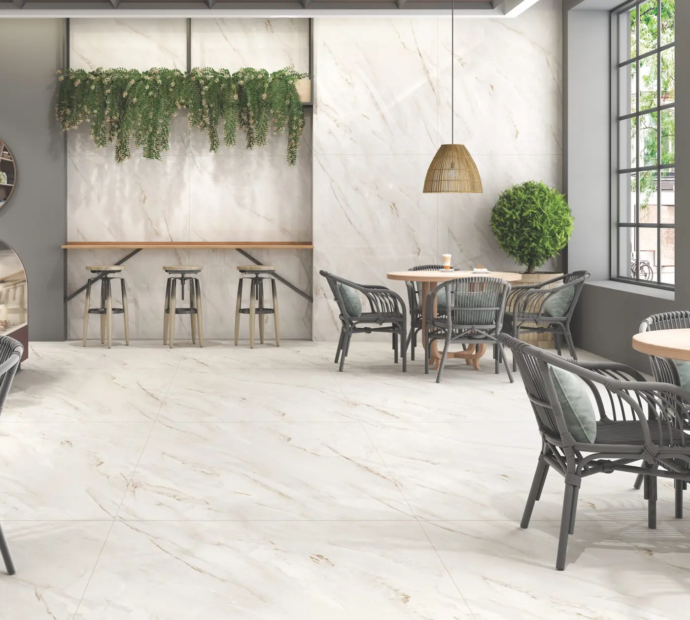 White Marble Look Café with large glossy marble-look tiles