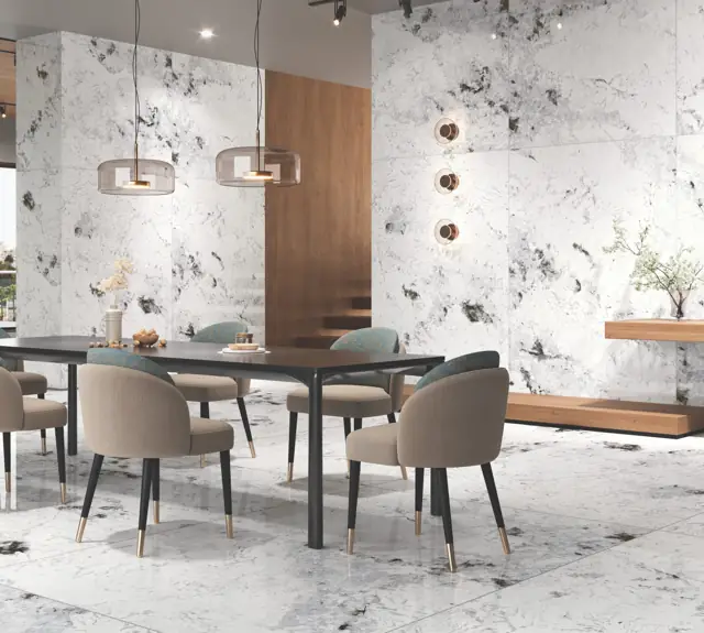 Bold Veined Marble Look Dining room with large glossy tiles