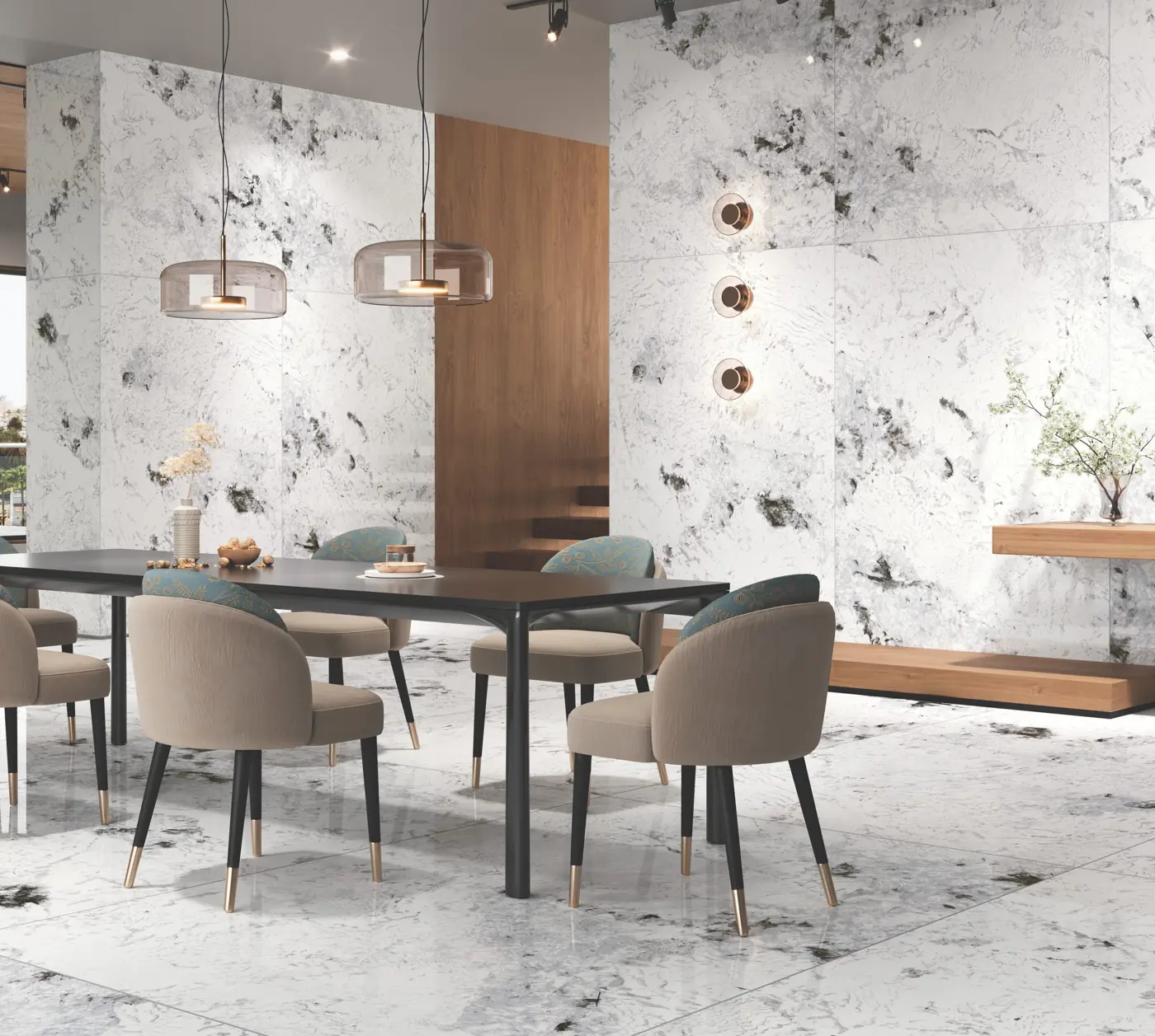 Bold Veined Marble Look Dining room with large glossy marble-look tiles