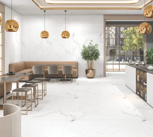 White Marble Look Restaurant with large glossy tiles