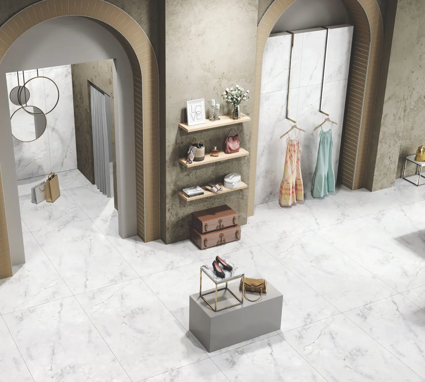 White Marble Look Boutique with large glossy marble-look tiles