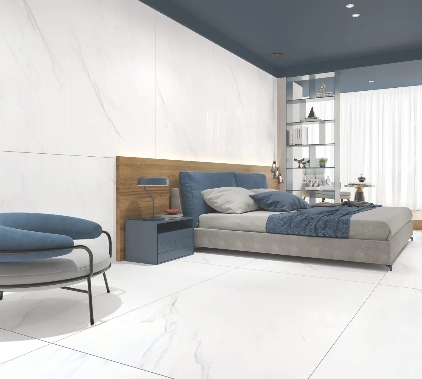 White Marble Look Bedroom with large glossy marble-look tiles