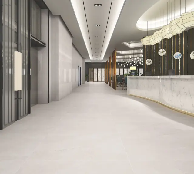Soft Grey Marble Look Hotel lobby with large glossy tiles