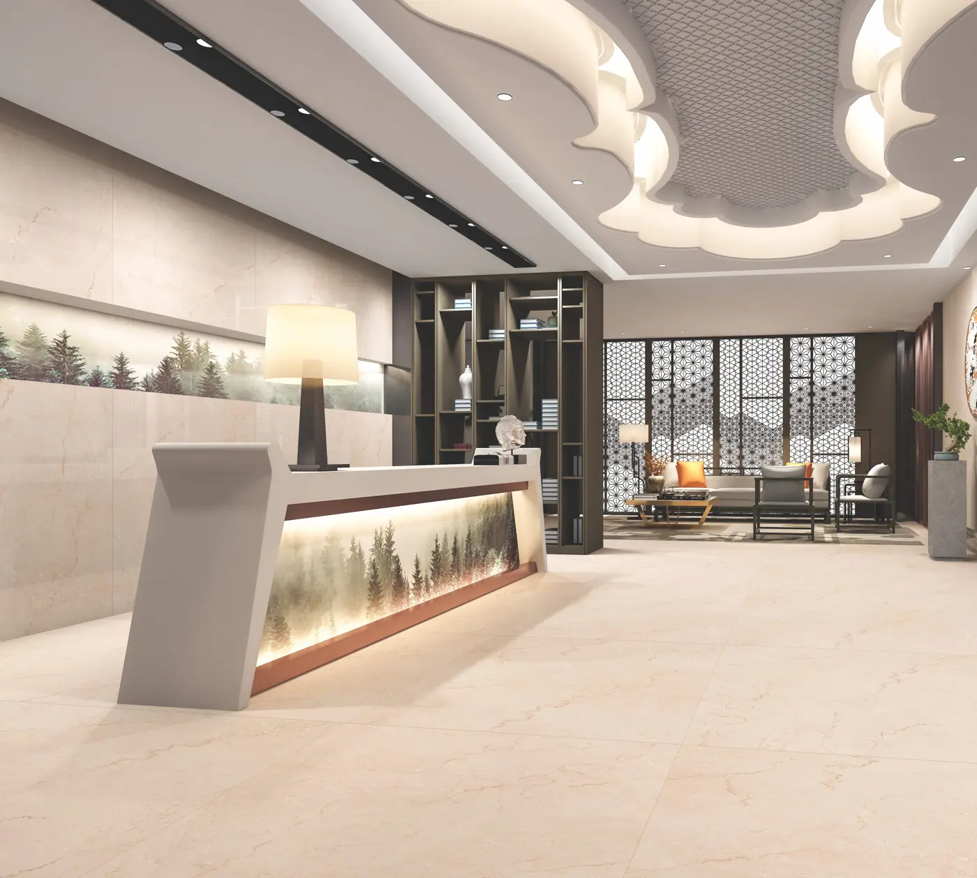 Warm Beige Marble Look Hotel reception with large glossy marble-look tiles