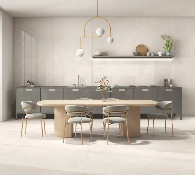 Warm Beige Marble Look Dining and kitchen with large glossy tiles